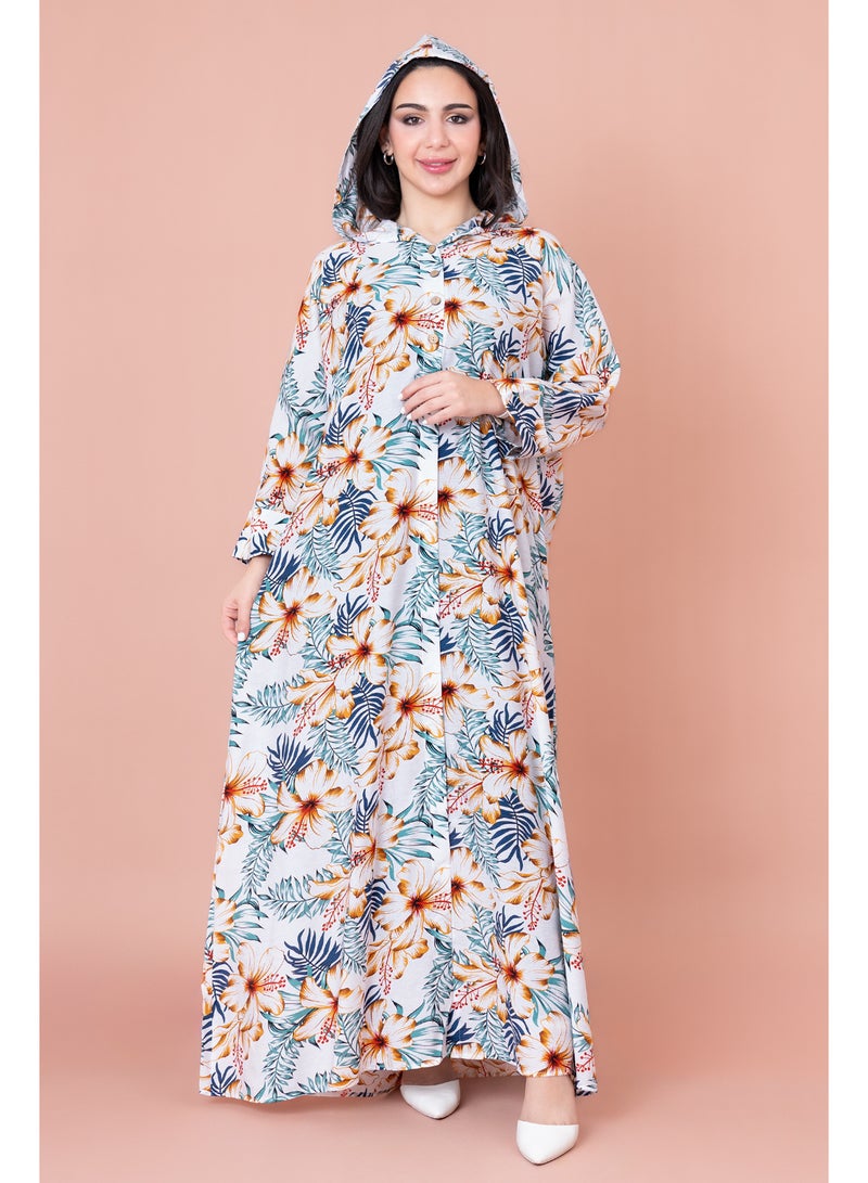 اكسا جلابية منقوشة زهور بقبعة - Image 1