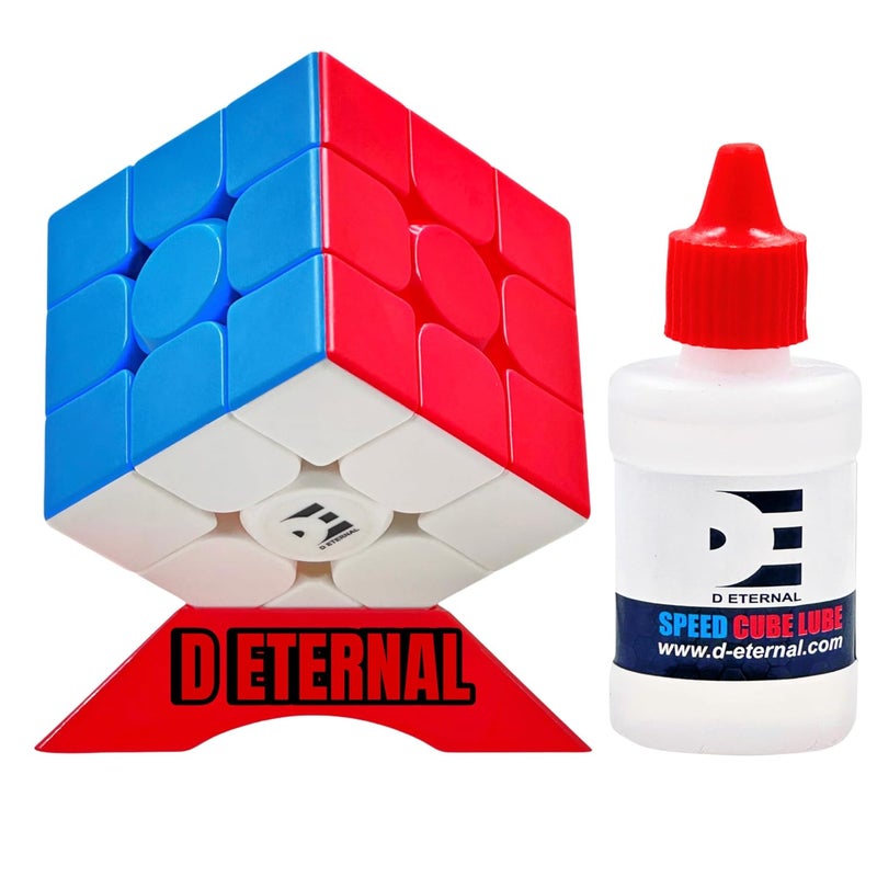 D ETERNAL مكعب السرعة 3x3 للكبار والشباب والأطفال مع مادة تشحيم وحامل عرض، لعبة لغز سحرية احترافية بدون ملصقات (3x3+حامل+زيت) - Image 1