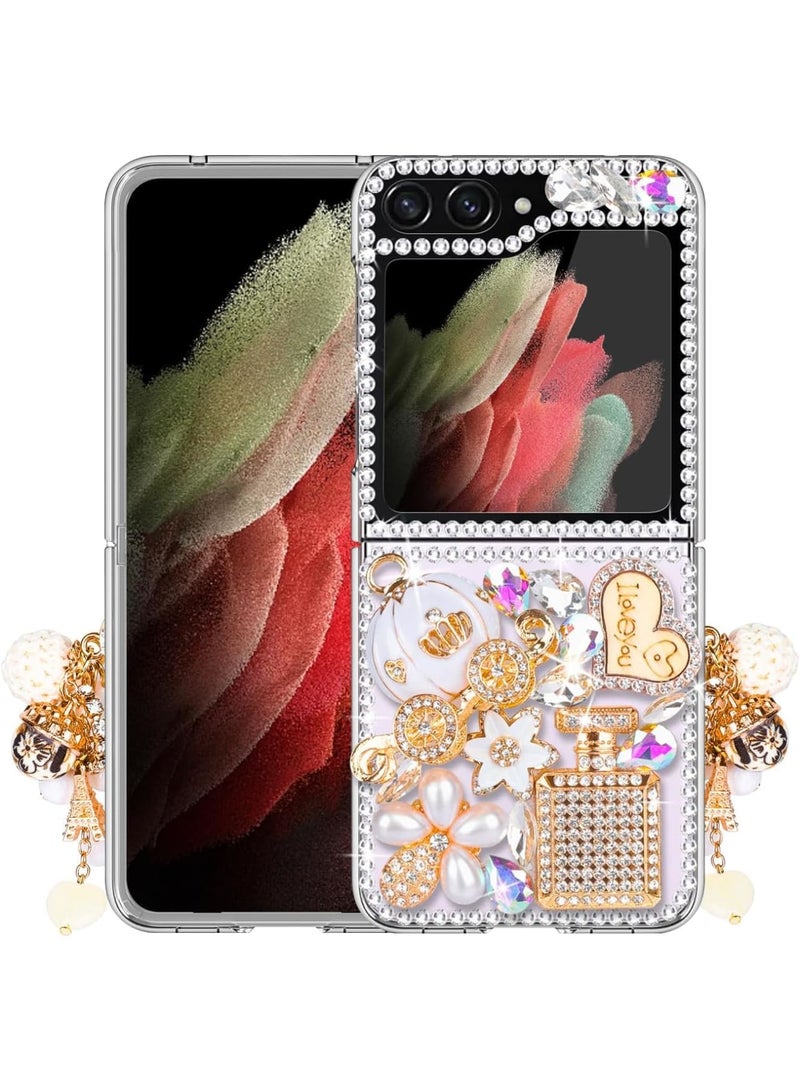 SOLARAE Designed for Galaxy Z Flip 5 Case, Luxury 3D Handmade Sparkle Rhinestone Case, Rhinestone Pumpkin Car Charm, Crystal Diamond Bling Glitter Hard PC Case for Galaxy Z Flip 5 Women Girls (White) - Image 1