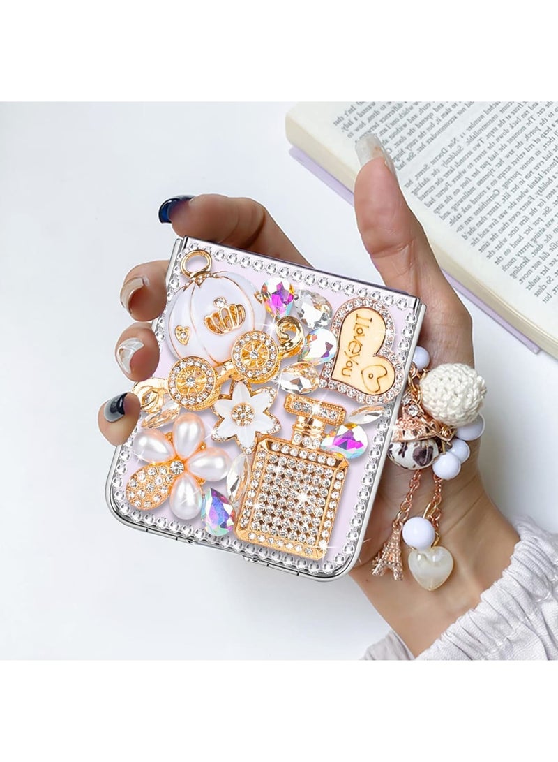 SOLARAE Designed for Galaxy Z Flip 5 Case, Luxury 3D Handmade Sparkle Rhinestone Case, Rhinestone Pumpkin Car Charm, Crystal Diamond Bling Glitter Hard PC Case for Galaxy Z Flip 5 Women Girls (White) - Image 2