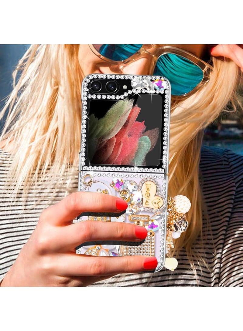 SOLARAE Designed for Galaxy Z Flip 5 Case, Luxury 3D Handmade Sparkle Rhinestone Case, Rhinestone Pumpkin Car Charm, Crystal Diamond Bling Glitter Hard PC Case for Galaxy Z Flip 5 Women Girls (White) - Image 5