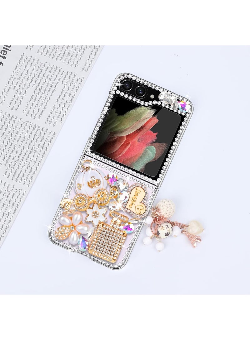 SOLARAE Designed for Galaxy Z Flip 5 Case, Luxury 3D Handmade Sparkle Rhinestone Case, Rhinestone Pumpkin Car Charm, Crystal Diamond Bling Glitter Hard PC Case for Galaxy Z Flip 5 Women Girls (White) - Image 3