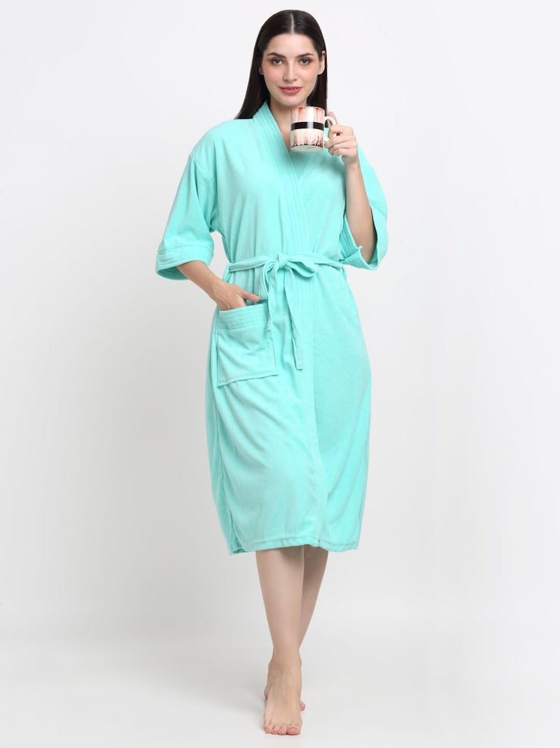 CREEVA Everyday Unisex Micro Terry Bathrobe Collection With kimono collar and 1 Pocket, 3/4 Sleeve Bath Robe Super Soft Light Weight - Sea Green - Image 4