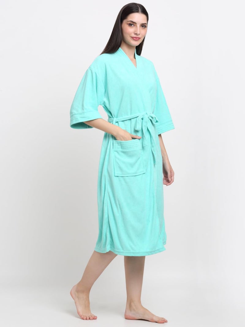 CREEVA Everyday Unisex Micro Terry Bathrobe Collection With kimono collar and 1 Pocket, 3/4 Sleeve Bath Robe Super Soft Light Weight - Sea Green - Image 2