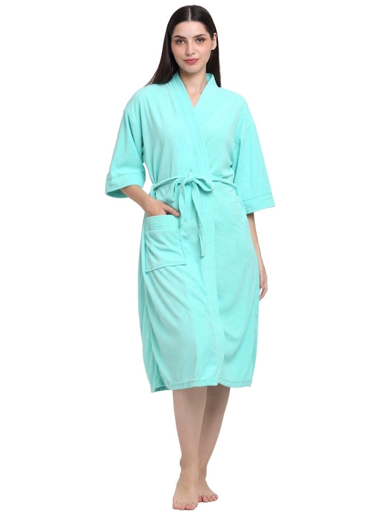 CREEVA Everyday Unisex Micro Terry Bathrobe Collection With kimono collar and 1 Pocket, 3/4 Sleeve Bath Robe Super Soft Light Weight - Sea Green - Image 1