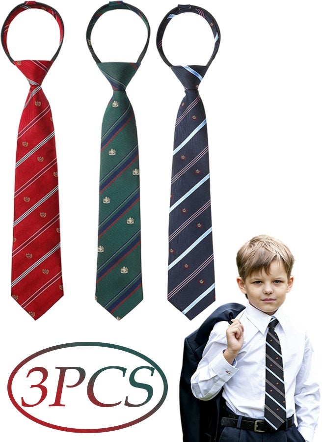 3 Pcs Pretied Zipper Neckties for Boys Adjustable Classic Striped Crown Pattern Kids Neckties, Formal Neck wear for Wedding, Graduation Party School Uniform, Suitable for Ages 6 to12,Navy,Red,Green - Image 1