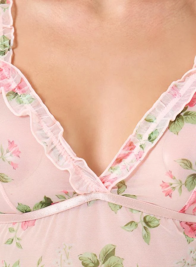 Take Two Floral Printed Wired Bra Belted Ruffle Hem Detail Mesh Cami Dress with Thong Set