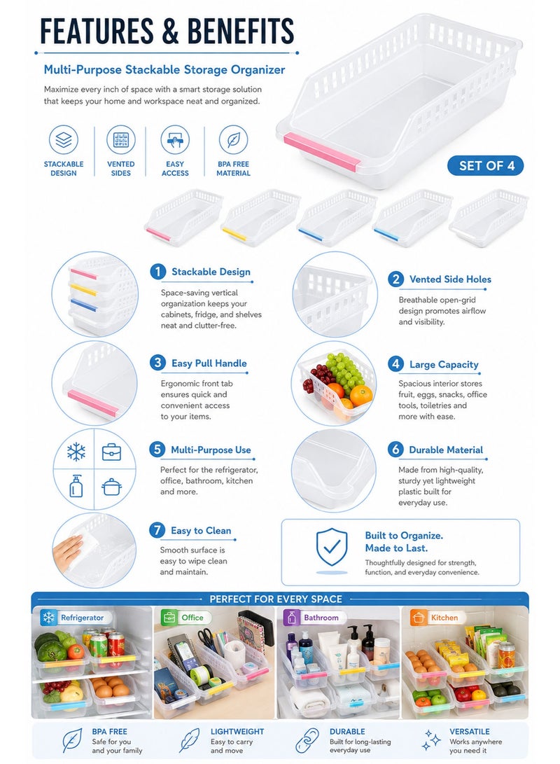 4PCS Refrigerator Organizer Storage Bins, Plastic Fridge Organizer Baskets for Kitchen, Freezer & Countertop Food Storage Containers, Multicolor (29 × 12.5 × 8.5 cm) - Image 5