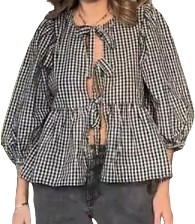 Women Tie Front Tops Leopard Printed Ruffle Babydoll Tops 3/4 Length Puff Sleeve Black Checkered