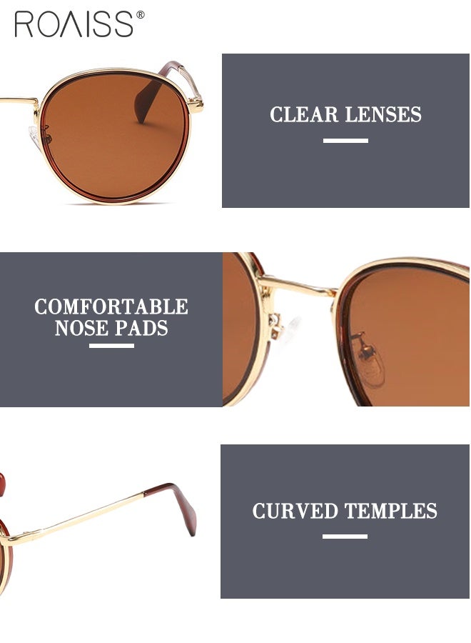 رويس نظارات شمسية مستديرة للرجال والنساء، نظارات شمسية بحماية UV400 وإطار معدني، نظارات شمسية عصرية مضادة للوهج للرجال للقيادة والصيد والسفر، لون بني ذهبي، 52 مم - Image 5