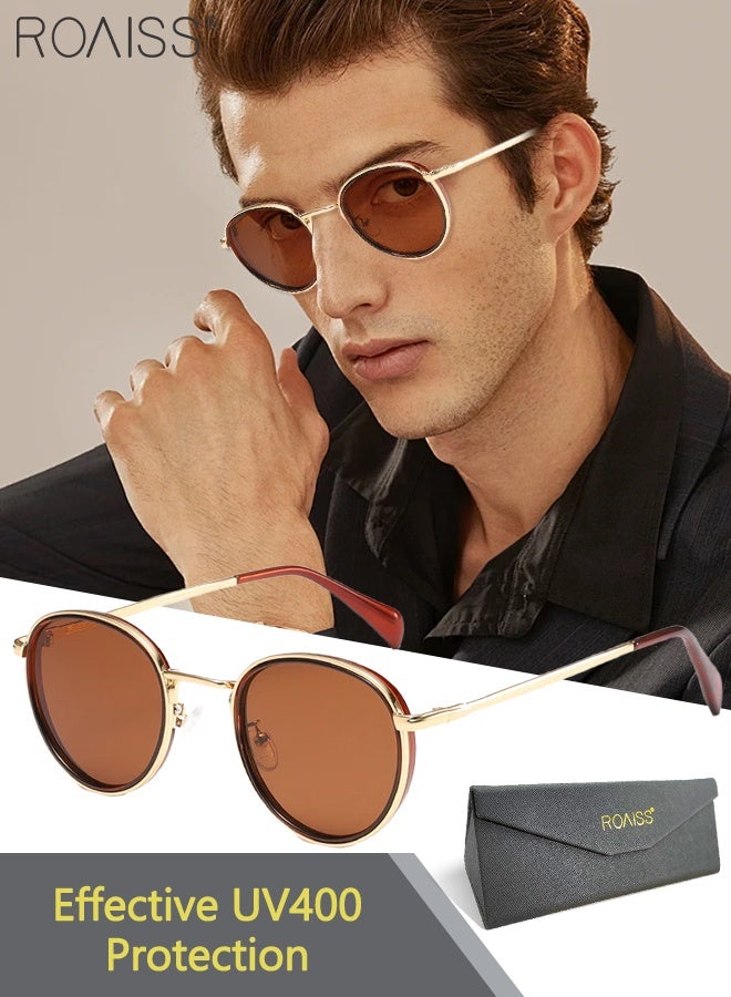 رويس نظارات شمسية مستديرة للرجال والنساء، نظارات شمسية بحماية UV400 وإطار معدني، نظارات شمسية عصرية مضادة للوهج للرجال للقيادة والصيد والسفر، لون بني ذهبي، 52 مم - Image 1