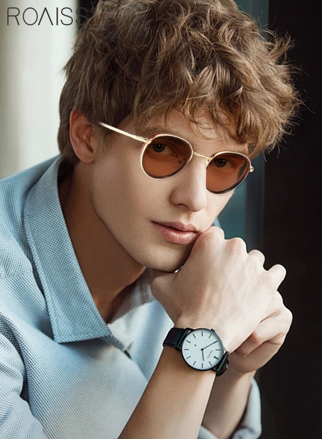 رويس نظارات شمسية مستديرة للرجال والنساء، نظارات شمسية بحماية UV400 وإطار معدني، نظارات شمسية عصرية مضادة للوهج للرجال للقيادة والصيد والسفر، لون بني ذهبي، 52 مم - Image 2