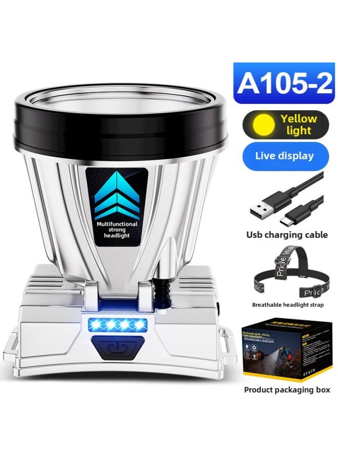 Generic Waterproof Long-Lasting LED Headlamp High Brightness Strong Throw Rechargeable Fishing Light Mining Lamp Handheld Flashlight-Color:A105 Yellow Light [32 Wicks 800 Ma*2 Cells + Electronic Display Sc]  - Image 1
