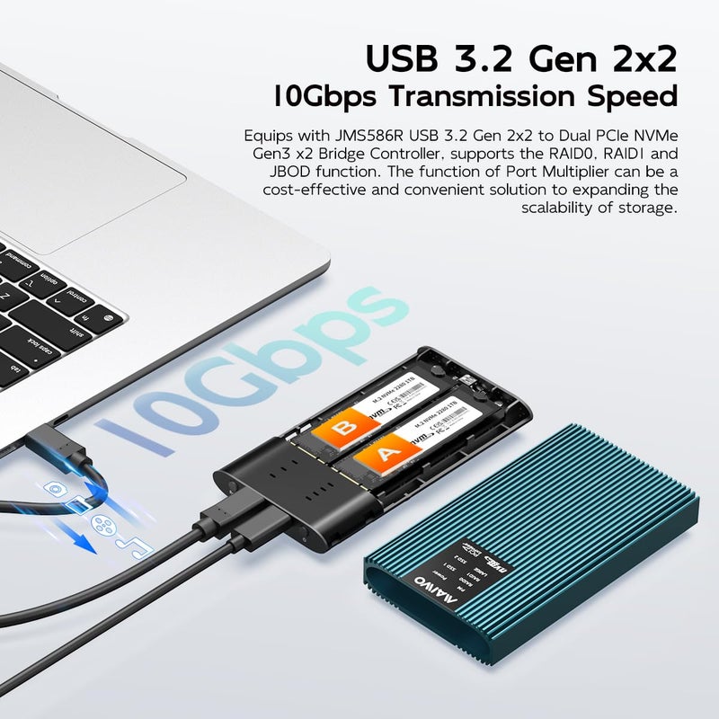 MAIWO حاوية MAIWO M.2 NVMe PCIe RAID، حاوية مزدوجة لقرص M.2 NVMe PCIe SSD مع RAID0/1/PM/JBOD، سرعة USB 3.2 Gen2x2 Type-C 20Gbps، سعة 16TB (K2022R) - Image 2