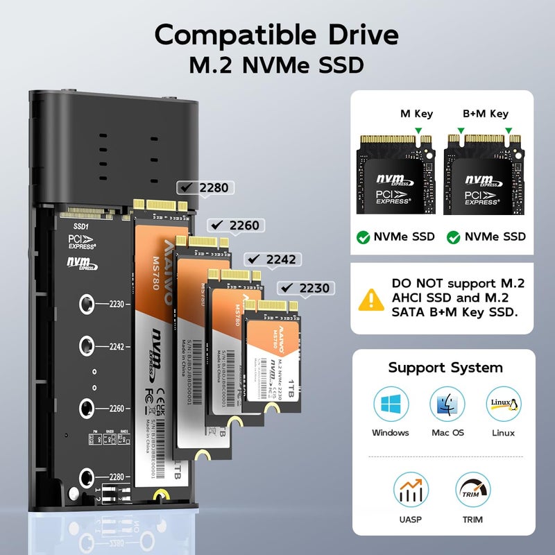 MAIWO حاوية MAIWO M.2 NVMe PCIe RAID، حاوية مزدوجة لقرص M.2 NVMe PCIe SSD مع RAID0/1/PM/JBOD، سرعة USB 3.2 Gen2x2 Type-C 20Gbps، سعة 16TB (K2022R) - Image 4