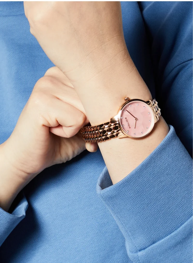 POLICE Chapada Women's 41mm Analog Quartz Watch, Rose Gold Stainless Steel Bracelet, Pink Dial, Rhinestone Indices