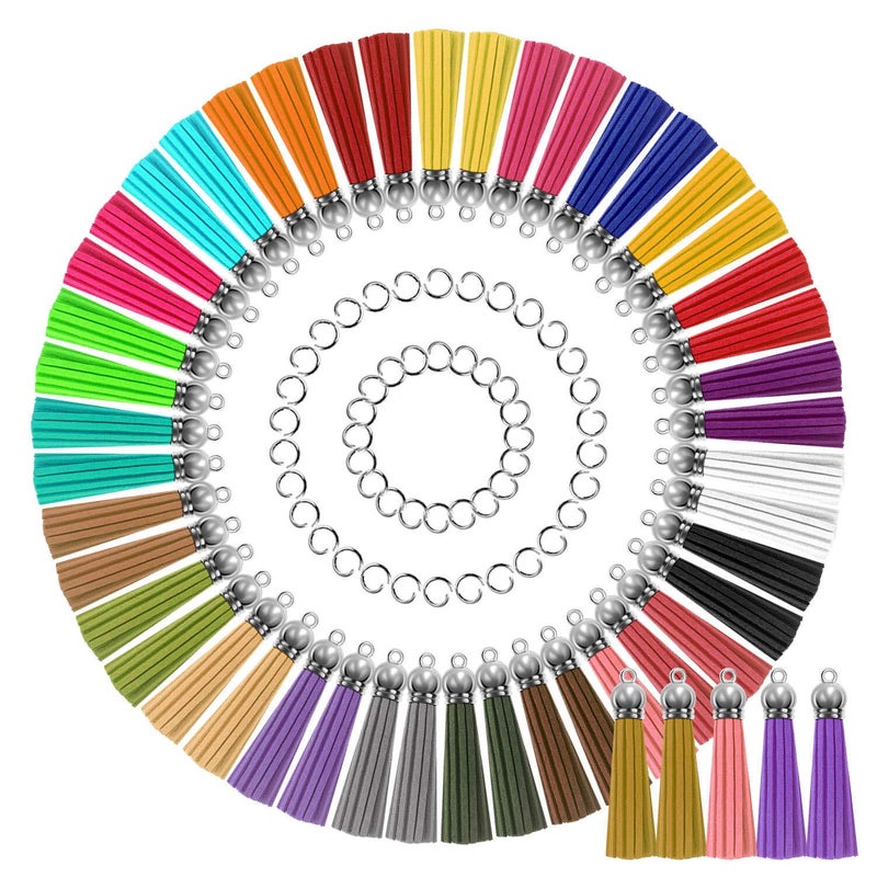 Paxcoo Tassels for Jewelry Making 50pcs Leather Tassel Keychain Charms Bulk with 50pcs Jump Rings for Jewelry Making Bracelets Acrylic Key Chain Blanks and Craft Supplies