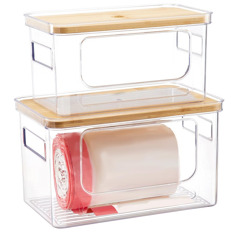 Goabroa Trash Bag Dispenser, 2 Pack Stackable Garbage Bag Holder with Bamboo Top, Clear Trash Bag Organizer Under Sink for Kitchen, Pantry, Cabinet, Laundry Room Storage and Organization - Image 1