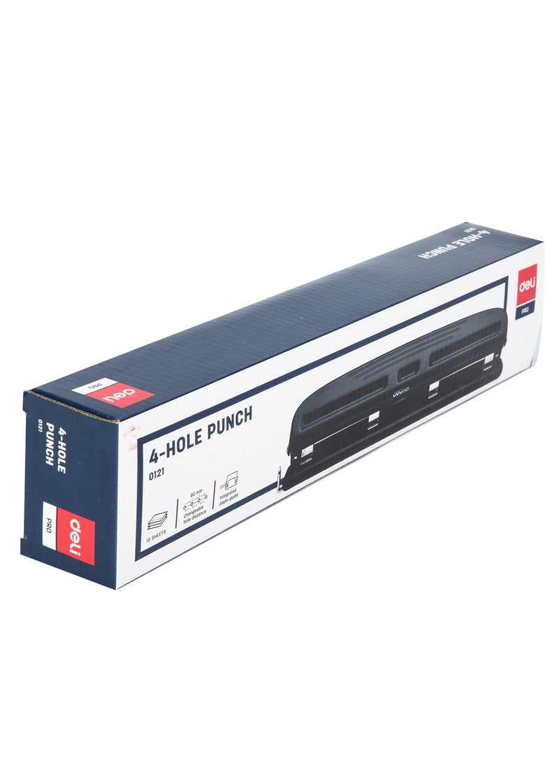 Deli E0121 Adjustable 4-Hole Punch - 10-Sheet Capacity, 80mm Depth & Front-Eject Container