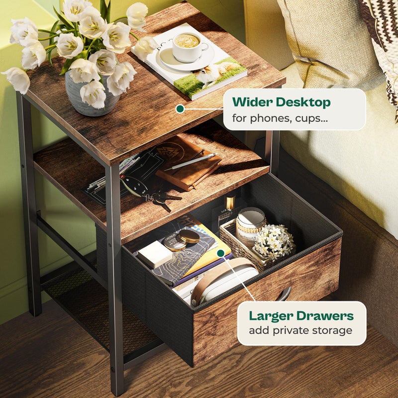 Huuger Nightstand Set of 2, Night Stand with Fabric Drawer, Mesh Shelf, Side Table with Storage, Fabric Drawer Dresser, Open Shelf, Metal Frame, Bedroom, Rustic Brown - Image 5