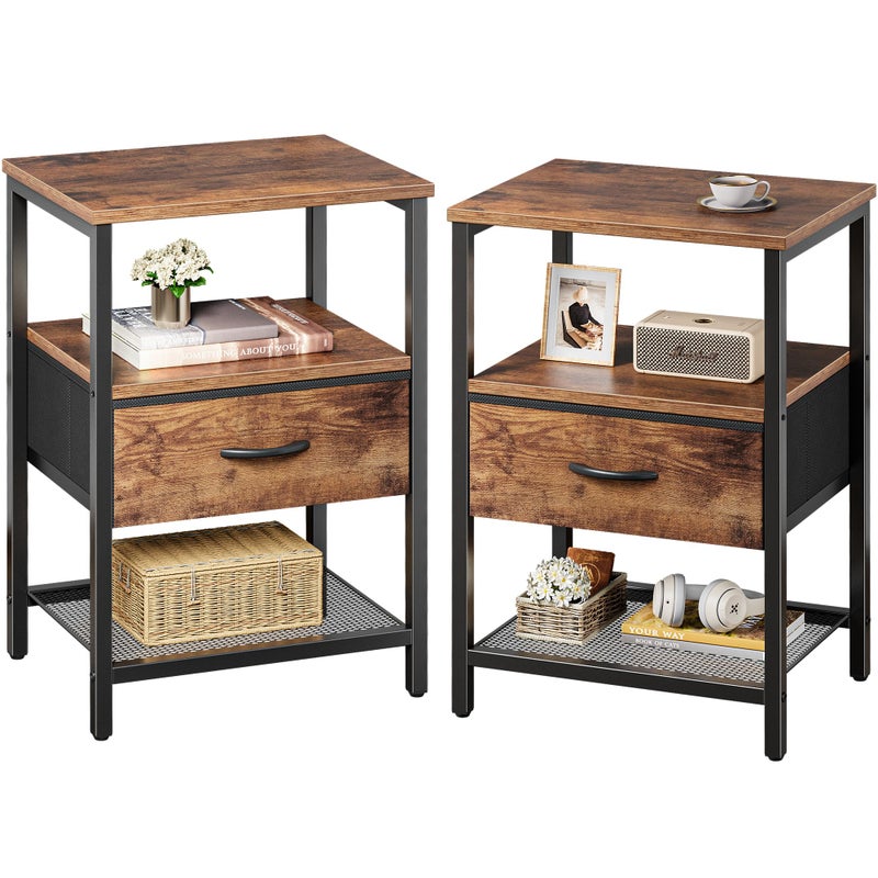 Huuger Nightstand Set of 2, Night Stand with Fabric Drawer, Mesh Shelf, Side Table with Storage, Fabric Drawer Dresser, Open Shelf, Metal Frame, Bedroom, Rustic Brown - Image 1