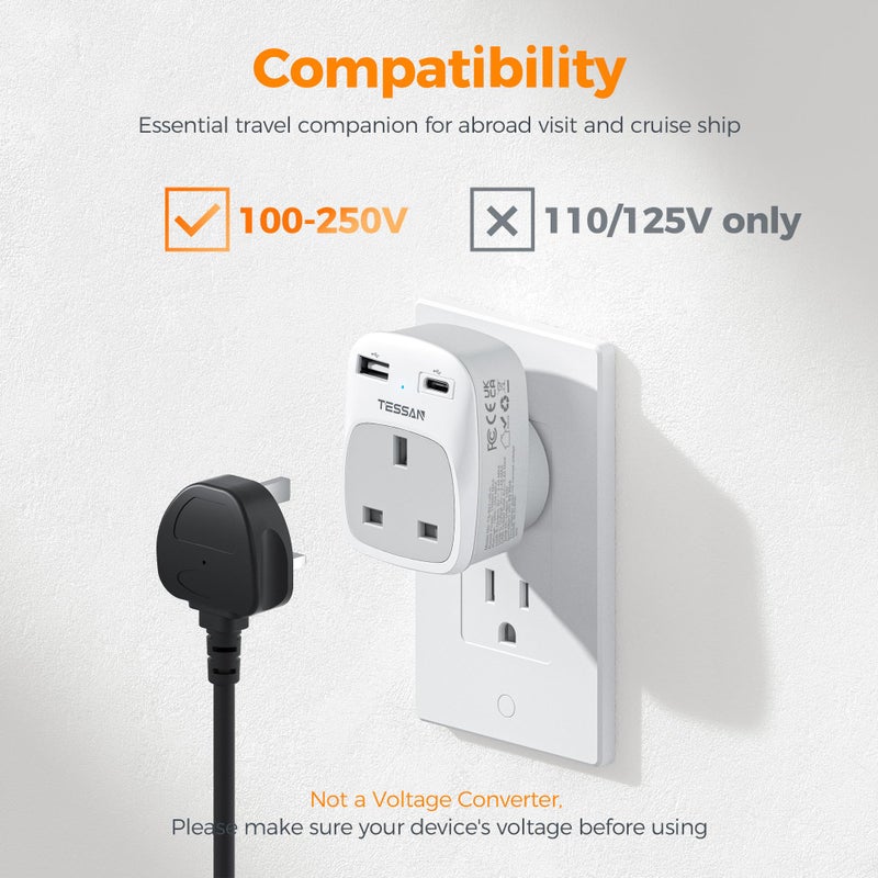 TESSAN UK to US Plug Adapter, UK to US Travel Adaptor with USB C, Type B - Image 5