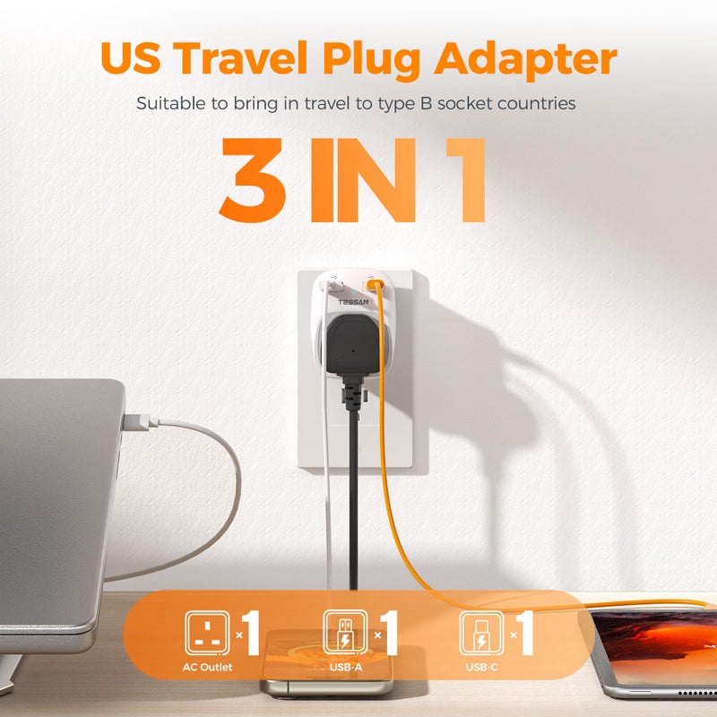 TESSAN UK to US Plug Adapter, UK to US Travel Adaptor with USB C, Type B - Image 2