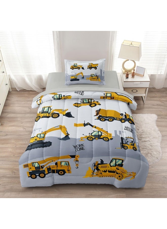 Generic Leaflin 4-Pcs Construction Twin Size Boys Bedding Set, Kids Comforter Set for Teens with Sheets and Pillowcase, Soft Grey Tractor Cars Bed in a Bag Sets  - Image 1