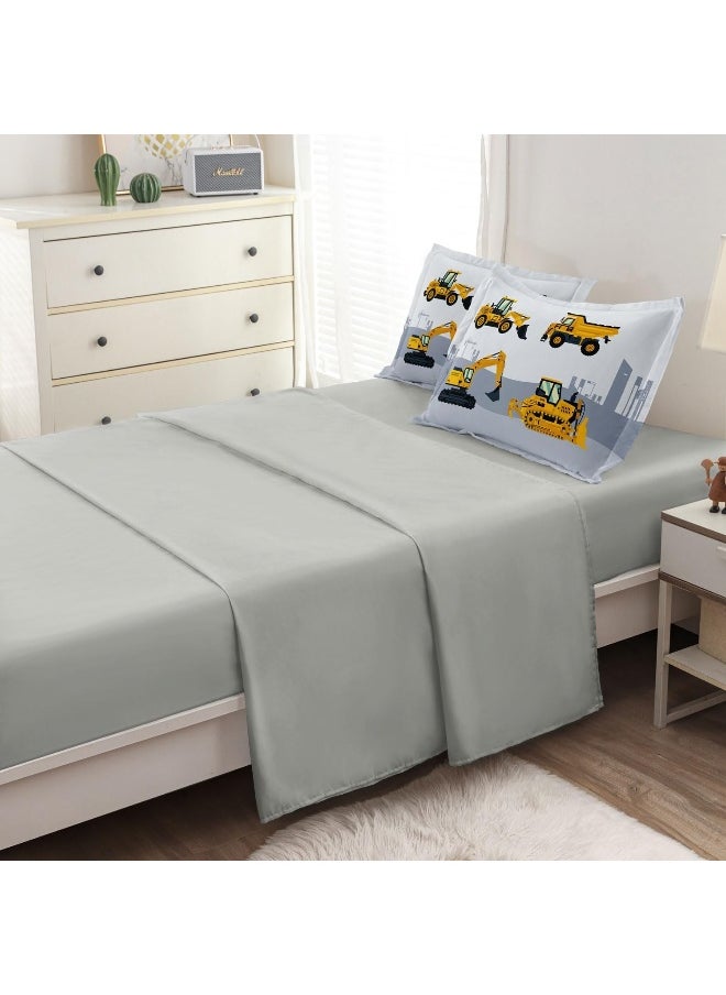 Generic - Leaflin 4-Pcs Construction Twin Size Boys Bedding Set, Kids Comforter Set for Teens with Sheets and Pillowcase, Soft Grey Tractor Cars Bed in a Bag Sets - Image 1
