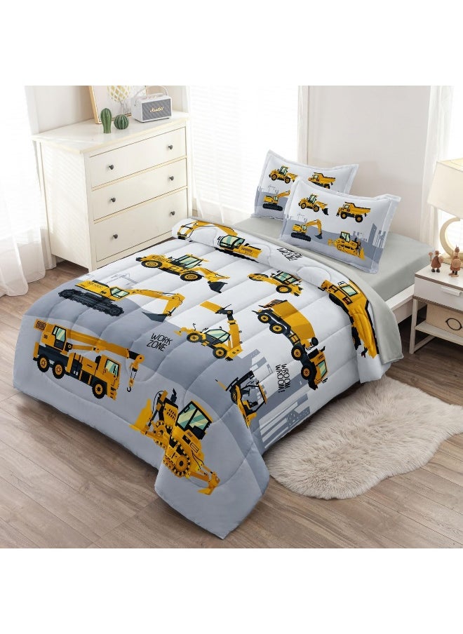 Generic Leaflin 4-Pcs Construction Twin Size Boys Bedding Set, Kids Comforter Set for Teens with Sheets and Pillowcase, Soft Grey Tractor Cars Bed in a Bag Sets  - Image 2