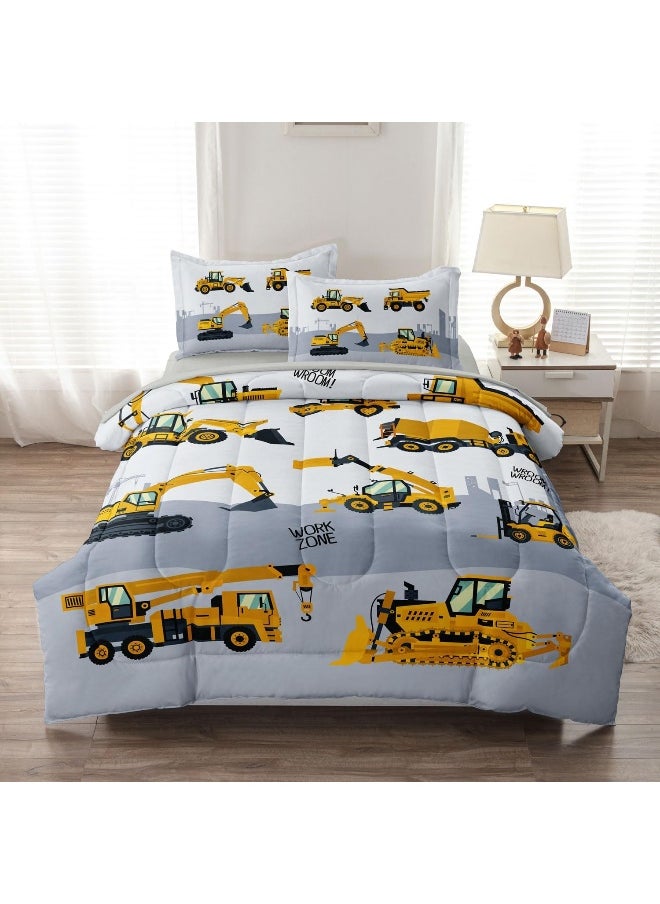 Generic Leaflin 4-Pcs Construction Twin Size Boys Bedding Set, Kids Comforter Set for Teens with Sheets and Pillowcase, Soft Grey Tractor Cars Bed in a Bag Sets  - Image 3