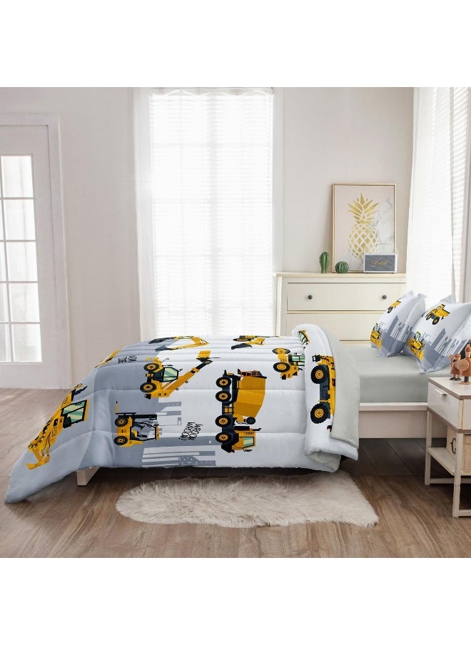 Generic Leaflin 4-Pcs Construction Twin Size Boys Bedding Set, Kids Comforter Set for Teens with Sheets and Pillowcase, Soft Grey Tractor Cars Bed in a Bag Sets  - Image 4