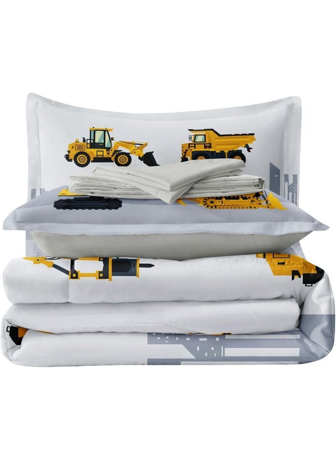 Generic - Leaflin 4-Pcs Construction Twin Size Boys Bedding Set, Kids Comforter Set for Teens with Sheets and Pillowcase, Soft Grey Tractor Cars Bed in a Bag Sets - Image 1