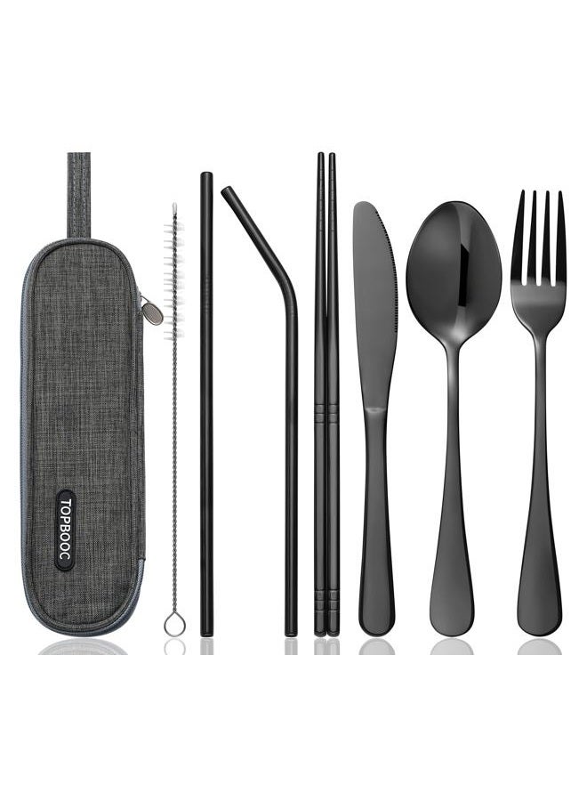 Topbooc Portable Stainless Steel Flatware Set, Travel Camping Cutlery Set, Portable Utensil Travel Silverware Dinnerware Set with a Waterproof Case (8-pieces flatware set black) - Image 1