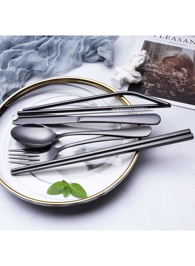 Topbooc Portable Stainless Steel Flatware Set, Travel Camping Cutlery Set, Portable Utensil Travel Silverware Dinnerware Set with a Waterproof Case (8-pieces flatware set black) - Image 2