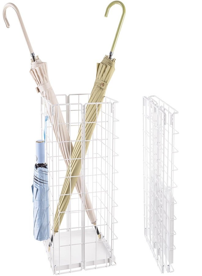 ZHMY Umbrella Stand, Umbrella Holder for Entryway, Large Metal Foldable Umbrella Rack Organizer Freestanding, with Water Tray and Hooks, Rectangular Hollow Rack 9.5 x 9.5 x 19.7 Inches (White) - Image 1