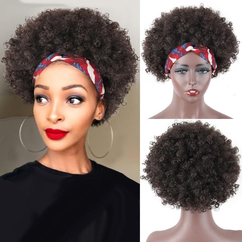 LEOSA LEOSA Afro Curly Headband Wigs for Black Women Afro Kinky Wigs with Headbands AttachedShort Afro Headband Wig Synthetic Curly Wig Black Glueless Afro Kinky Curly Headband Wig Short Hair Scarf Wig
