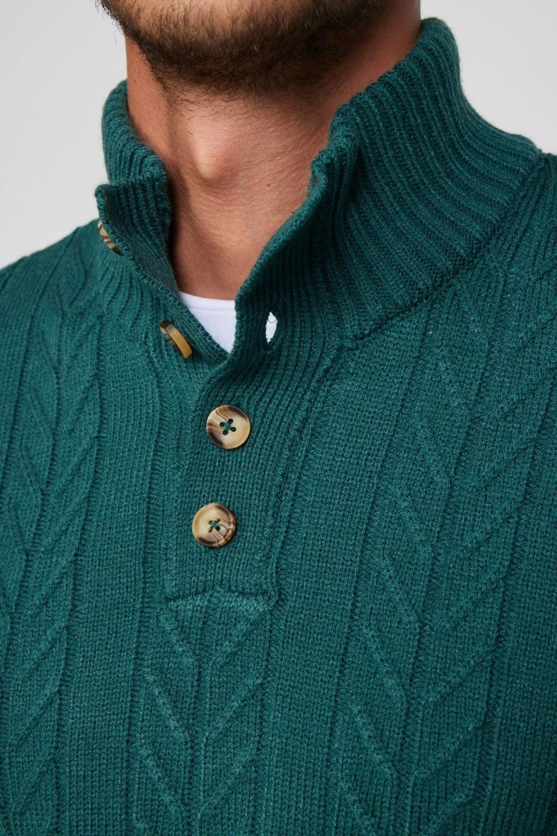 Tudors Men's Slim Fit Slim Cut Soft Textured Patterned Stand Collar Buttoned Knitwear Green Sweater