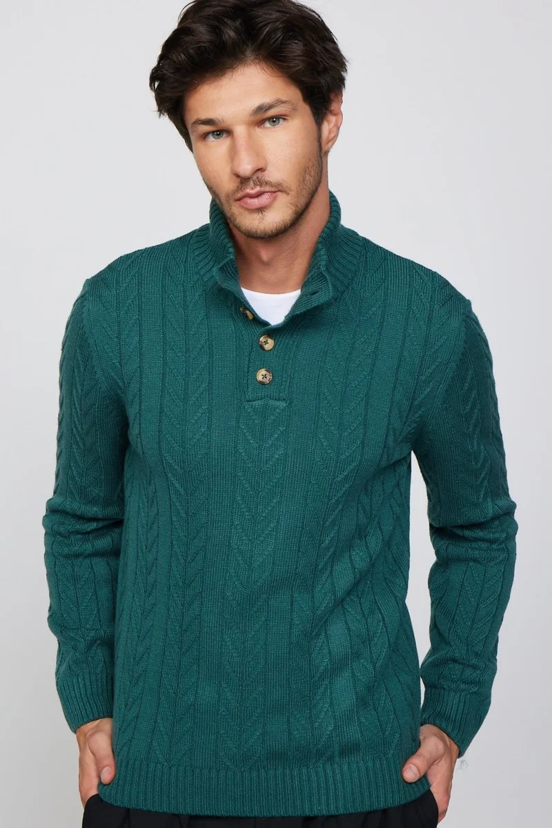Tudors Men's Slim Fit Slim Cut Soft Textured Patterned Stand Collar Buttoned Knitwear Green Sweater