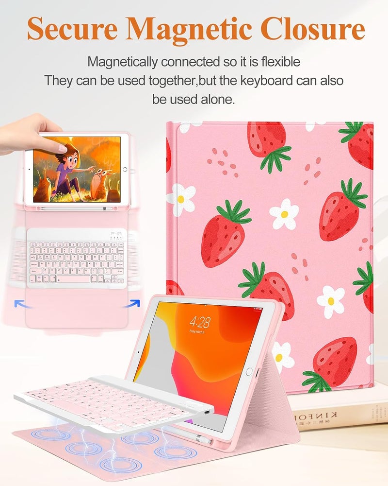 Wazzasoft for iPad 9th/8th/7th/Air 3rd Generation/Pro 10.5 Inch Case Keyboard Pencil Holder Folio Tablet Cover Women Girl Cute Girly Teen Kawaii Strawberry Unique Design for Apple 10.2 & 10.5 Inch - Image 4