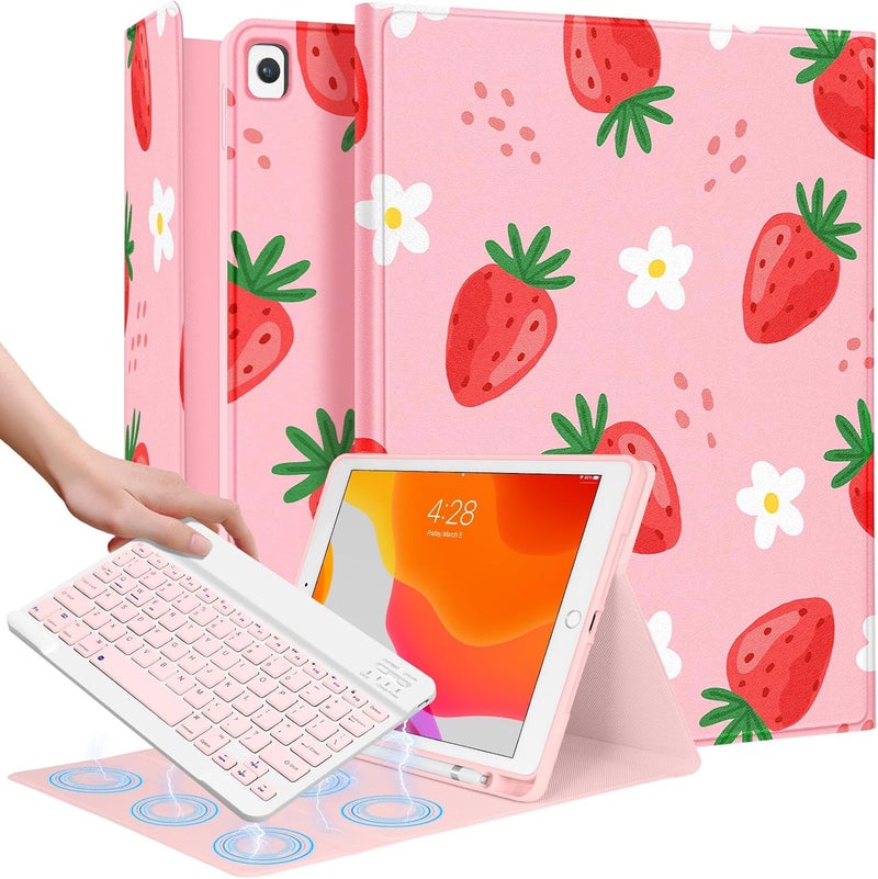Wazzasoft for iPad 9th/8th/7th/Air 3rd Generation/Pro 10.5 Inch Case Keyboard Pencil Holder Folio Tablet Cover Women Girl Cute Girly Teen Kawaii Strawberry Unique Design for Apple 10.2 & 10.5 Inch - Image 1