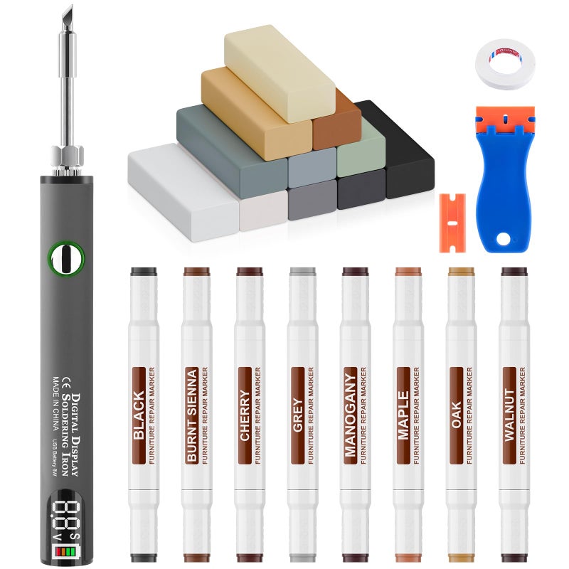 A-HEYIDA Laminate Vinyl Wood Floor Scratch Repair Kit with Heat Pen - 11 Colors Grey Hardwood Wax Sticks & 8 Colors Dual Tip Furniture Markers Touch up, Linoleum Restoration Wax Melting Tool Set - Image 1