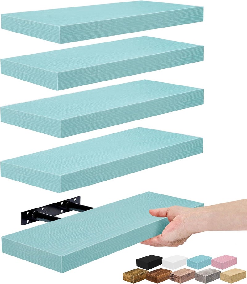 Sorbus Set of 5 Floating Wall Shelves for Wall, Kitchen, Bedroom, Living Room, Bathroom, Wall Decoration – Bathroom Shelves Mounted with Invisible Brackets (Shattered Blue) - Image 1
