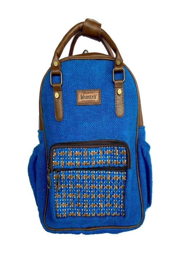 BHASTRA Blue Mini Backpack With Cushioned Pocket & Embroidered Design - Handloom Fabric & Comfortable Straps | Vegan Leather | Stylish Design, Perfect for Work, Travel |Ideal For Gifting - Image 1