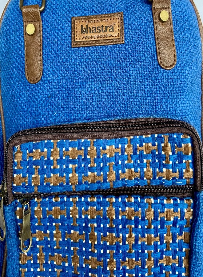 BHASTRA Blue Mini Backpack With Cushioned Pocket & Embroidered Design - Handloom Fabric & Comfortable Straps | Vegan Leather | Stylish Design, Perfect for Work, Travel |Ideal For Gifting - Image 2