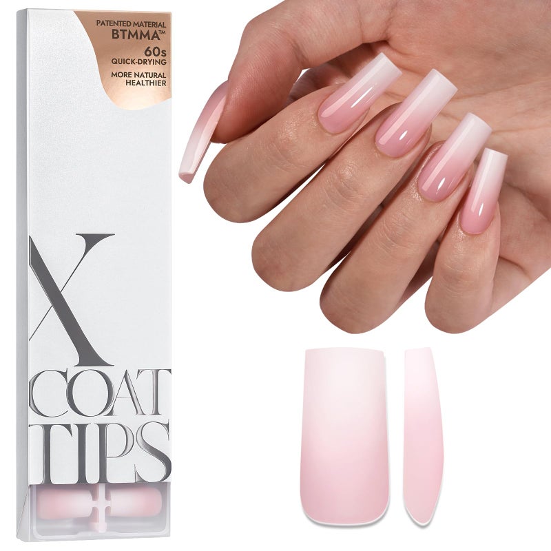 BTArtboxnails XCOATTIPS أظافر أومبري مربعة لاصقة طويلة 150 قطعة نصائح أظافر وردي أبيض متدرج جل ناعم أظافر مزيفة قابلة للنقع تمديدات DIY 15 حجمًا
