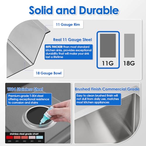 ROVOGO 15x15x8 in. Undermount Bar Prep Kitchen Sink 304 Stainless Steel, Small Single Bowl with Drain, Brushed - Image 3