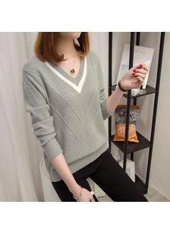 Loose Knitted Base Shirt Short Sleeve Spring Autumn V-neck Ladies Wool Clothes Thick Thin Style Resin Fiber Material 06 Bean Green