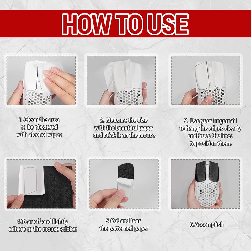 بورولا شريط قبضة DIY اللاصق العالمي المضاد للانزلاق للفأرة بتصميم ندفة الثلج، قابل للقطع الحر، يمتص العرق، فائق الرقة 0.3 مم، ملصقات جلود الفأرة للألعاب المضادة للانزلاق لأي علامة تجارية (قطعتان أسود + أبيض، 12x11.5 سم / 4.7x4.5 بوصة) - Image 5