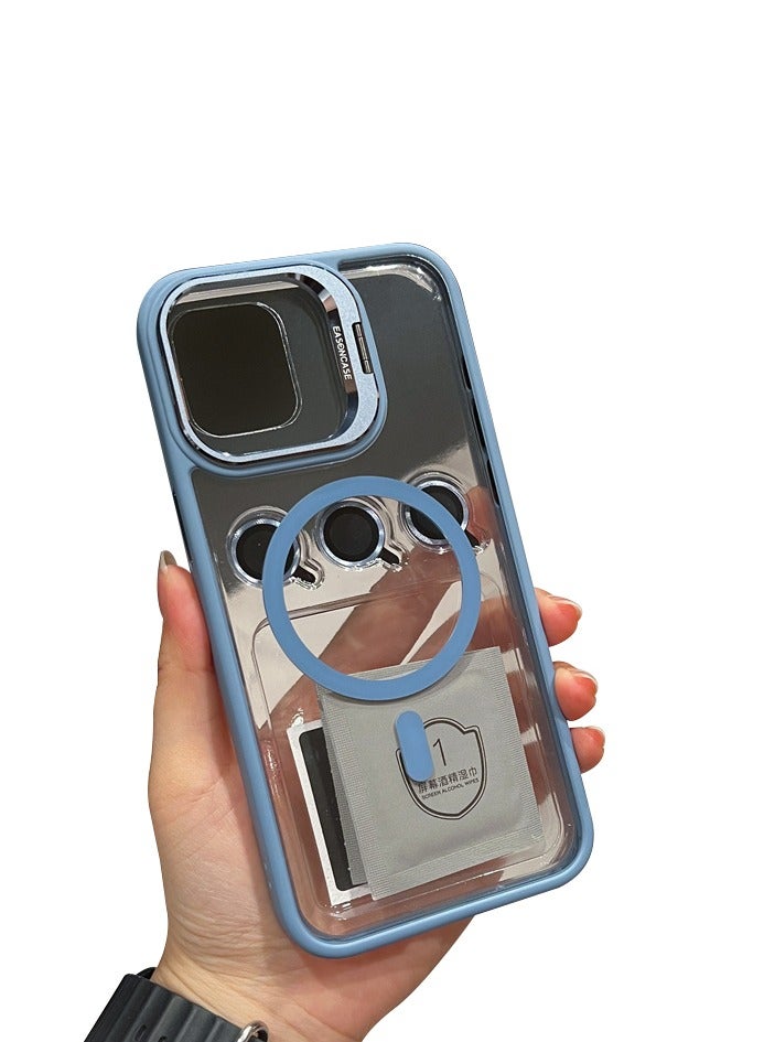 جراب الكل في واحد لهاتف iPhone 15 Plus: يدعم الشحن اللاسلكي المغناطيسي وحامل وحماية للكاميرا بتصميم نحيف - أزرق فاتح